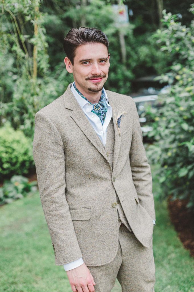 patterned scarf and brown suit for groom style inspiration